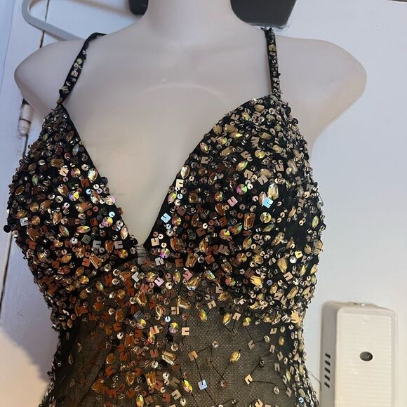 Sequence short prom dress evening event dress sequin beaded lace see thru dress - Picture 4 of 11